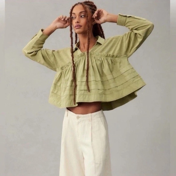 Anropologie Pilcro Green Long Sleeve V-Neck Blouse M - Picture 1 of 8